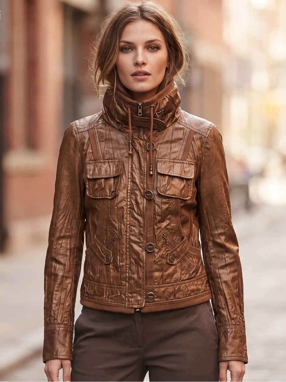 Y2k Guess Women's Brown High-Collar Leather Jacket